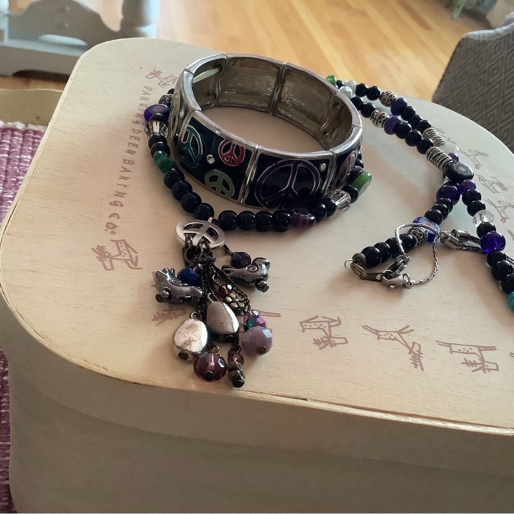 Peace necklace..hippie..boho plus stretchy metal peace emblazoned bracelet 9 in